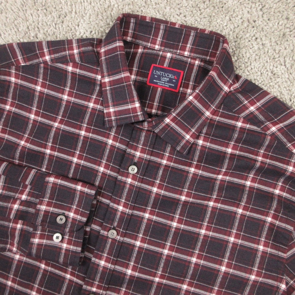 Untuckit Shirt Mens Large Red Plaid Twill Flannel Benoit Slim Fit Button Up